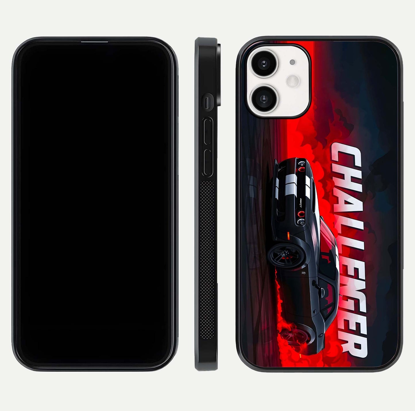 Crimson Challenger Fury Glass Case for iPhone 12 Mini dual-view layout displaying bold tones and edge polish