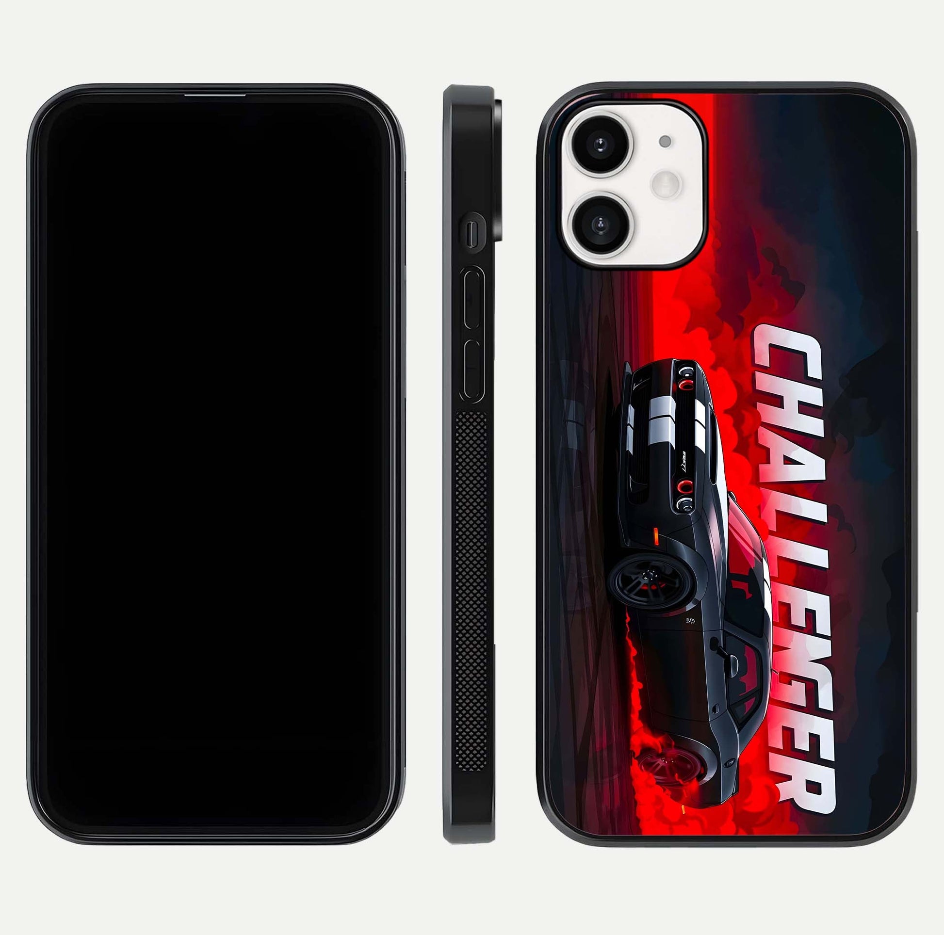 Crimson Challenger Fury Glass Case for iPhone 12 Mini dual-view layout displaying bold tones and edge polish