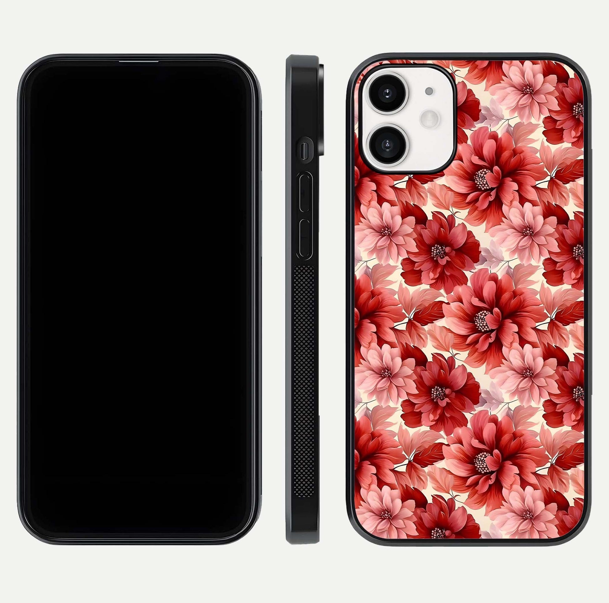 Crimson Love Petals Glass Case for iPhone 12 Mini dual-view layout displaying floral charm and curved glass