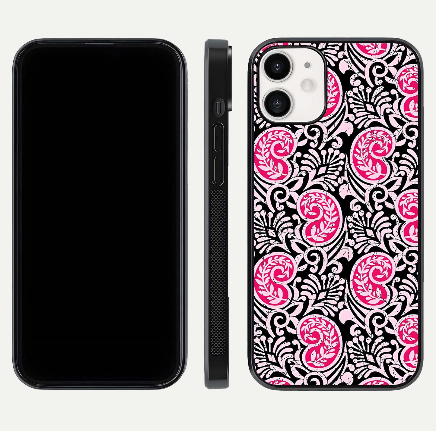 Crimson Paisley Charm Glass Case for iPhone 12 Mini dual-view layout displaying HD print and curved polish