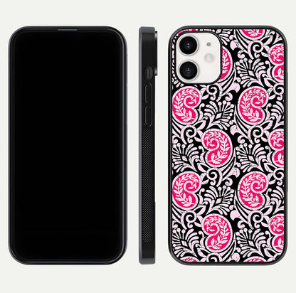Crimson Paisley Charm Glass Case for iPhone 12 Mini dual-view layout displaying HD print and curved polish
