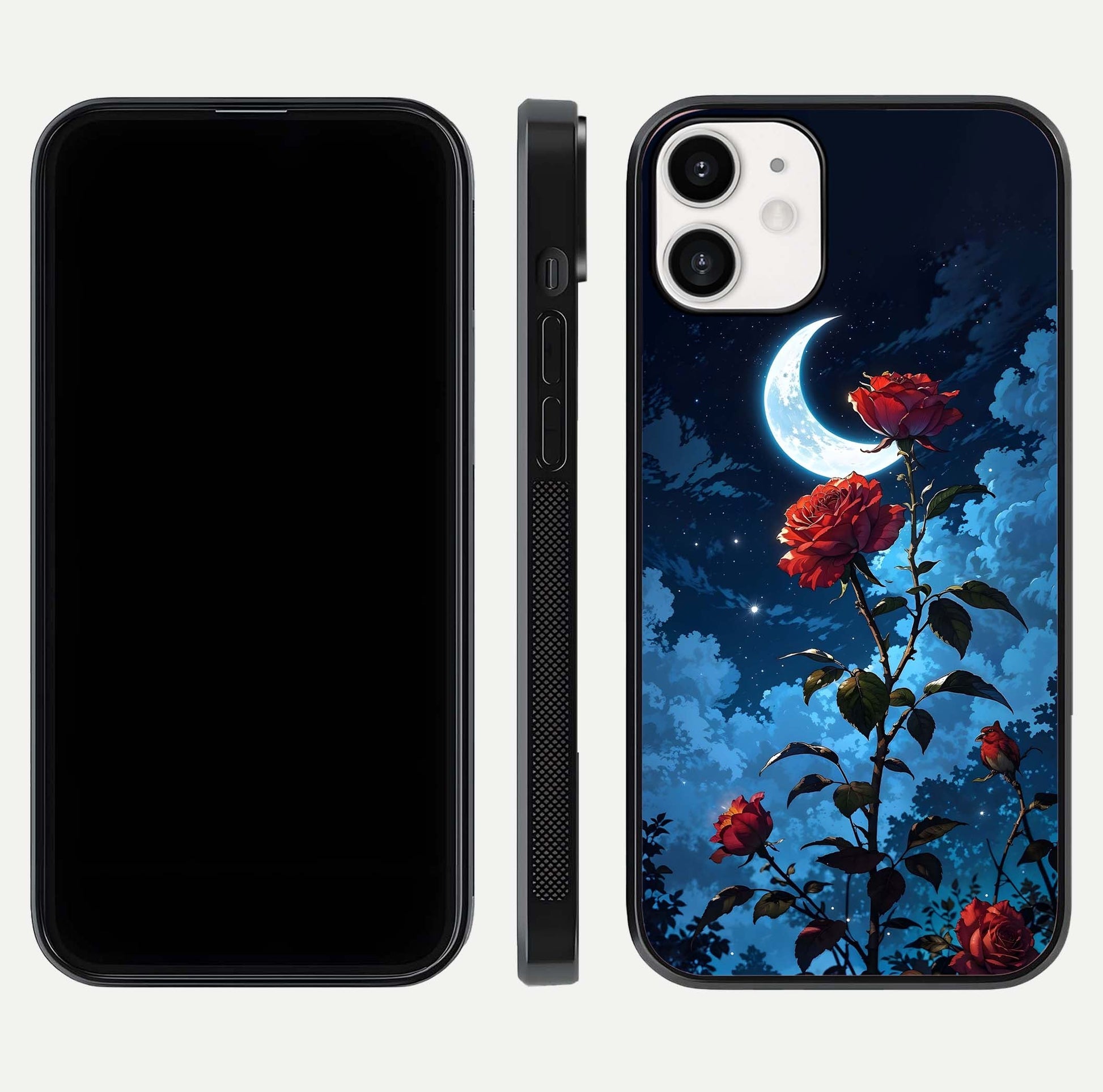 Crimson Rose Moon Glass Case for iPhone 12 Mini dual-view layout displaying red tones and soft gloss