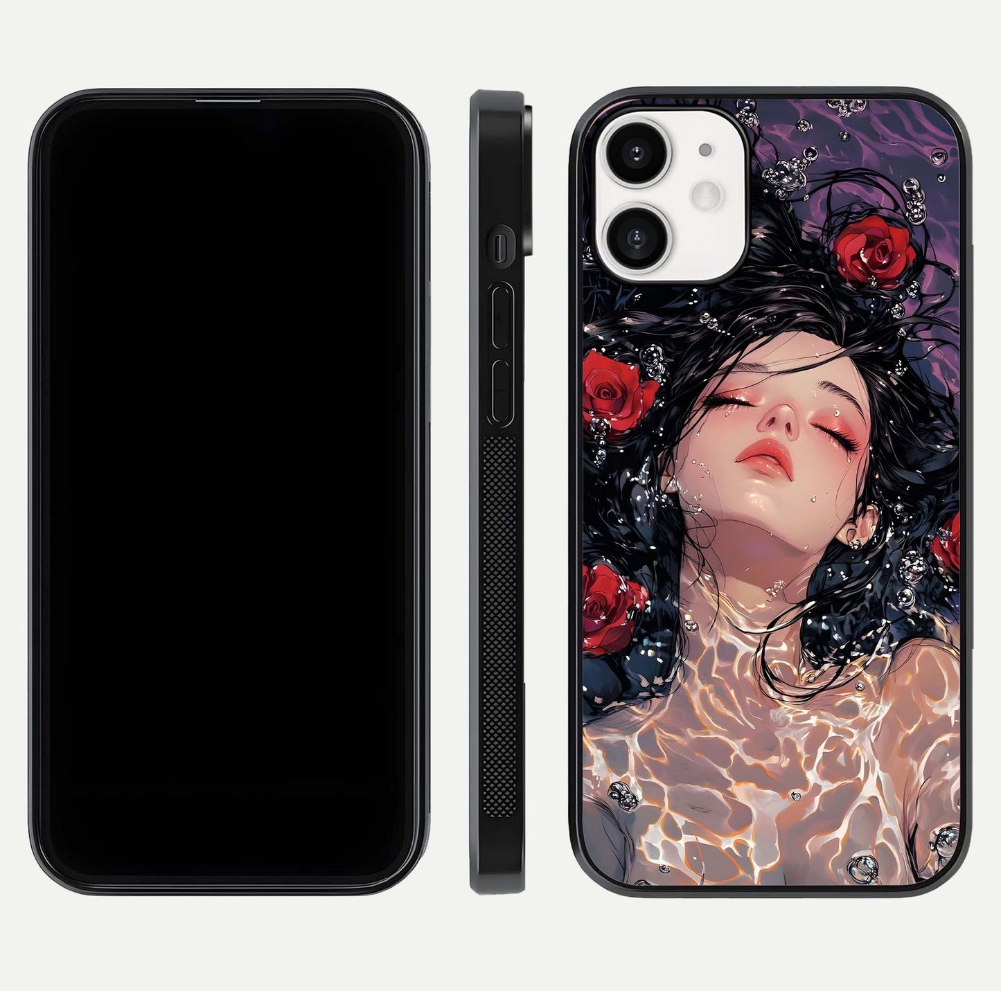 Crimson Rose Serenity Glass Case for iPhone 12 Mini dual-view layout displaying serenity tones and curved glass