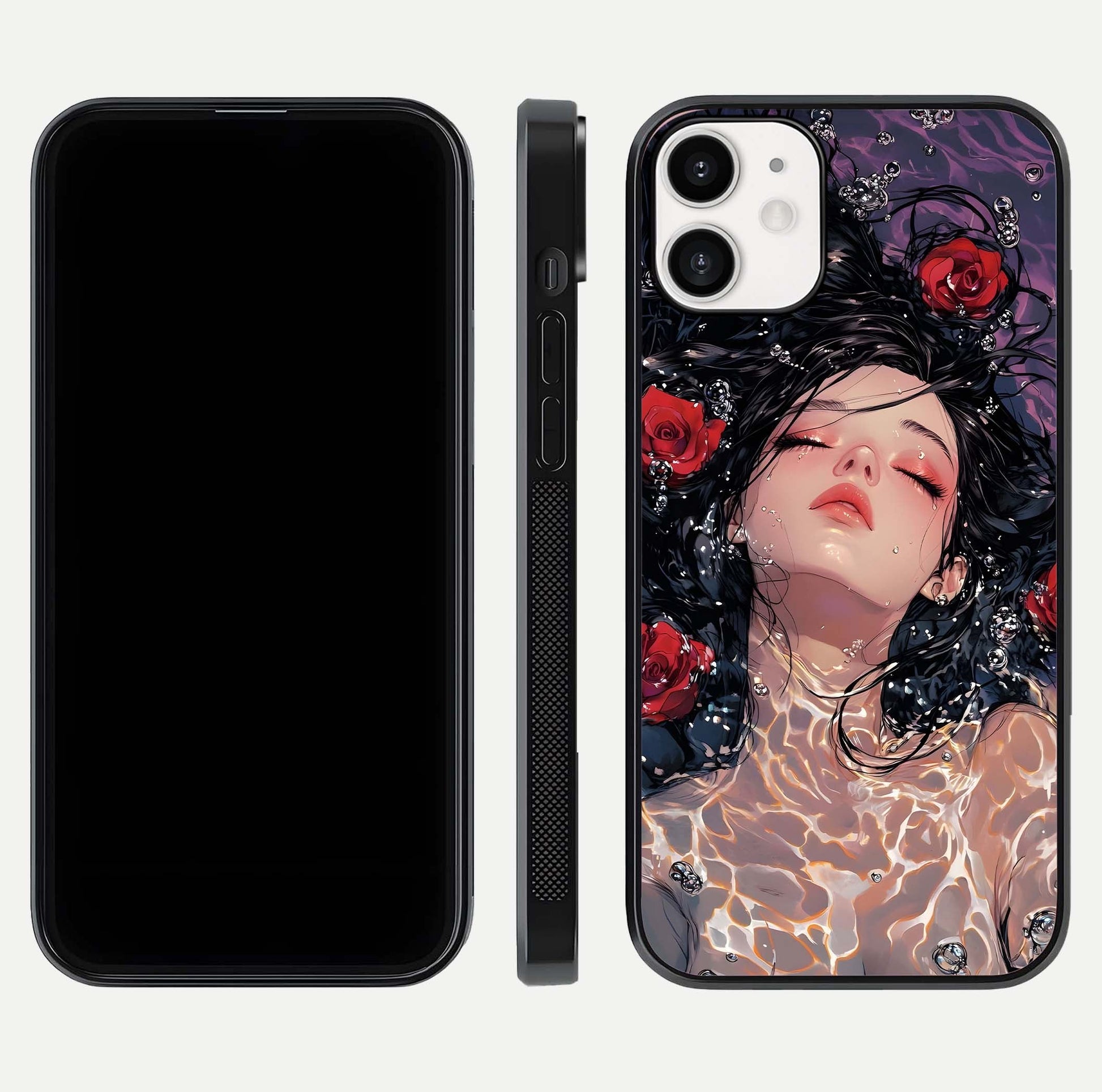 Crimson Rose Serenity Glass Case for iPhone 12 Mini dual-view layout displaying serenity tones and curved glass