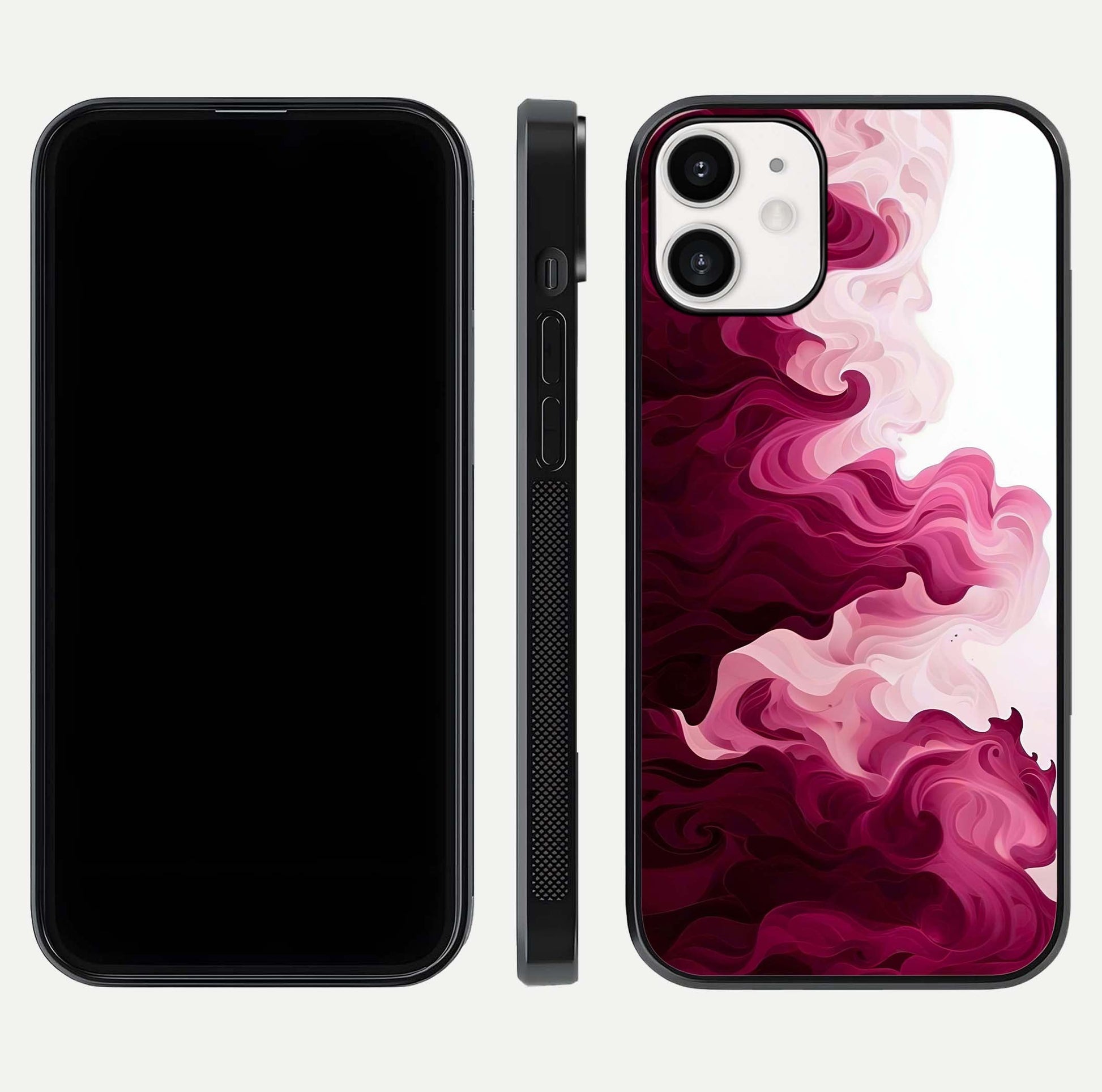 Crimson Wave Flow Glass Case for iPhone 12 Mini dual-view layout displaying curved wave art and polished surface