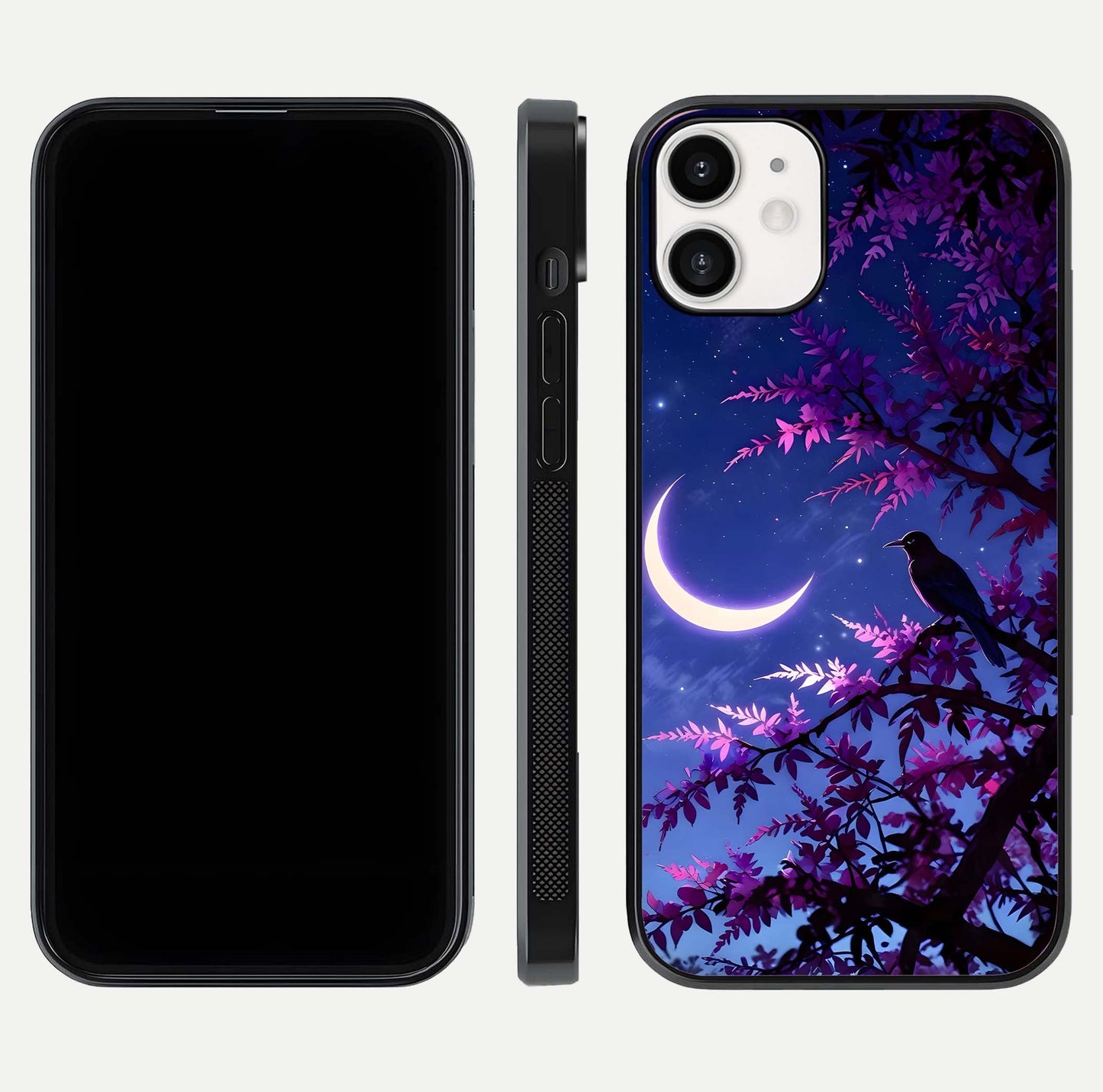 Crow & Moon Scenery Glass Case for iPhone 12 Mini dual-view layout displaying night sky art and curved glass edges
