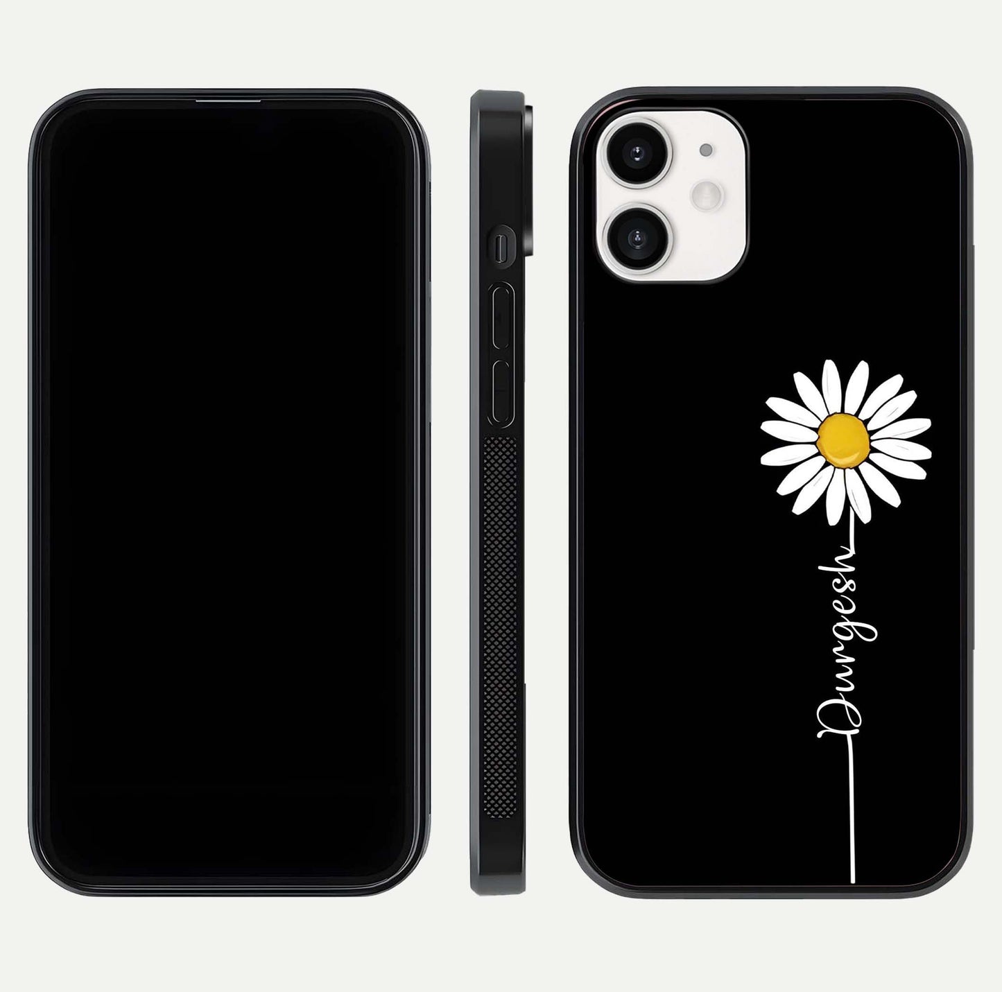 Custom Name White Flower Glass Case for iPhone 12 Mini dual-view layout showing elegant floral tone and curved edge finish