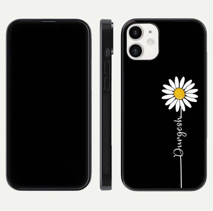 Custom Name White Flower Glass Case for iPhone 12 Mini dual-view layout showing elegant floral tone and curved edge finish