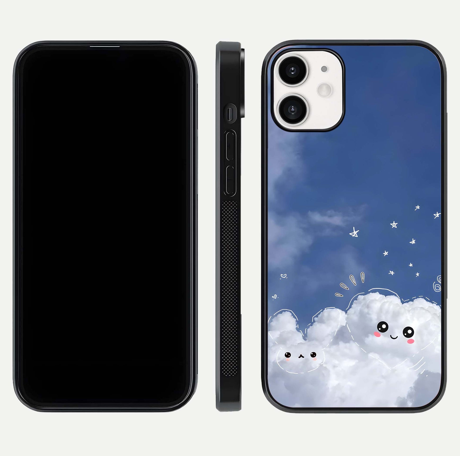 Cute Blossom Cloud Glass Case for iPhone 12 Mini dual-view layout displaying cute floral clouds and polished edge