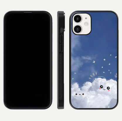 Cute Blossom Cloud Glass Case for iPhone 12 Mini dual-view layout displaying cute floral clouds and polished edge