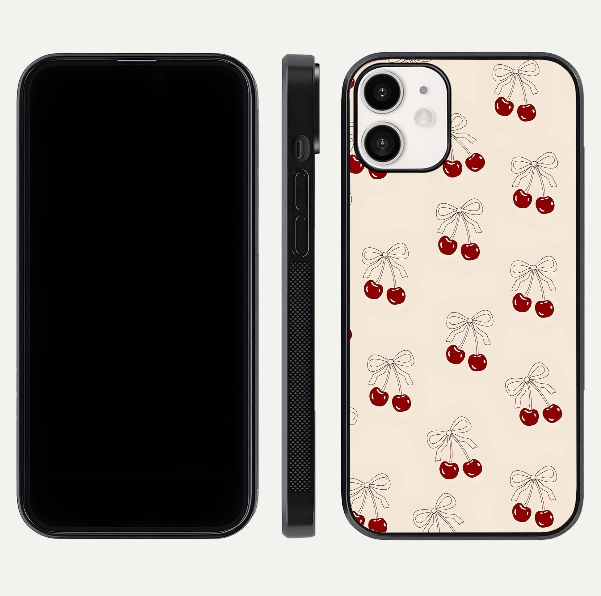 Cute Cherry Pattern Glass Case for iPhone 12 Mini dual-view layout displaying aesthetic fruit print and smooth edges