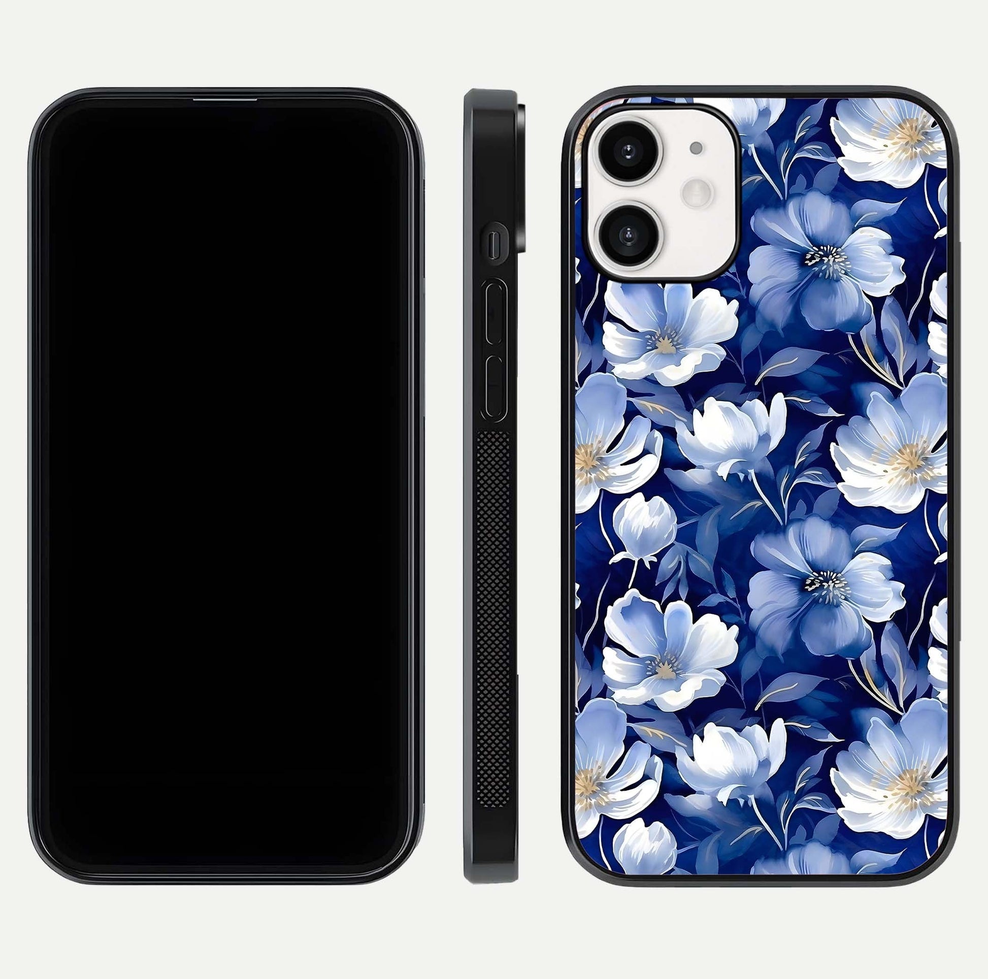 Cute Floral Patterns Glass Case for iPhone 12 Mini dual-view layout displaying HD floral print and curved edges