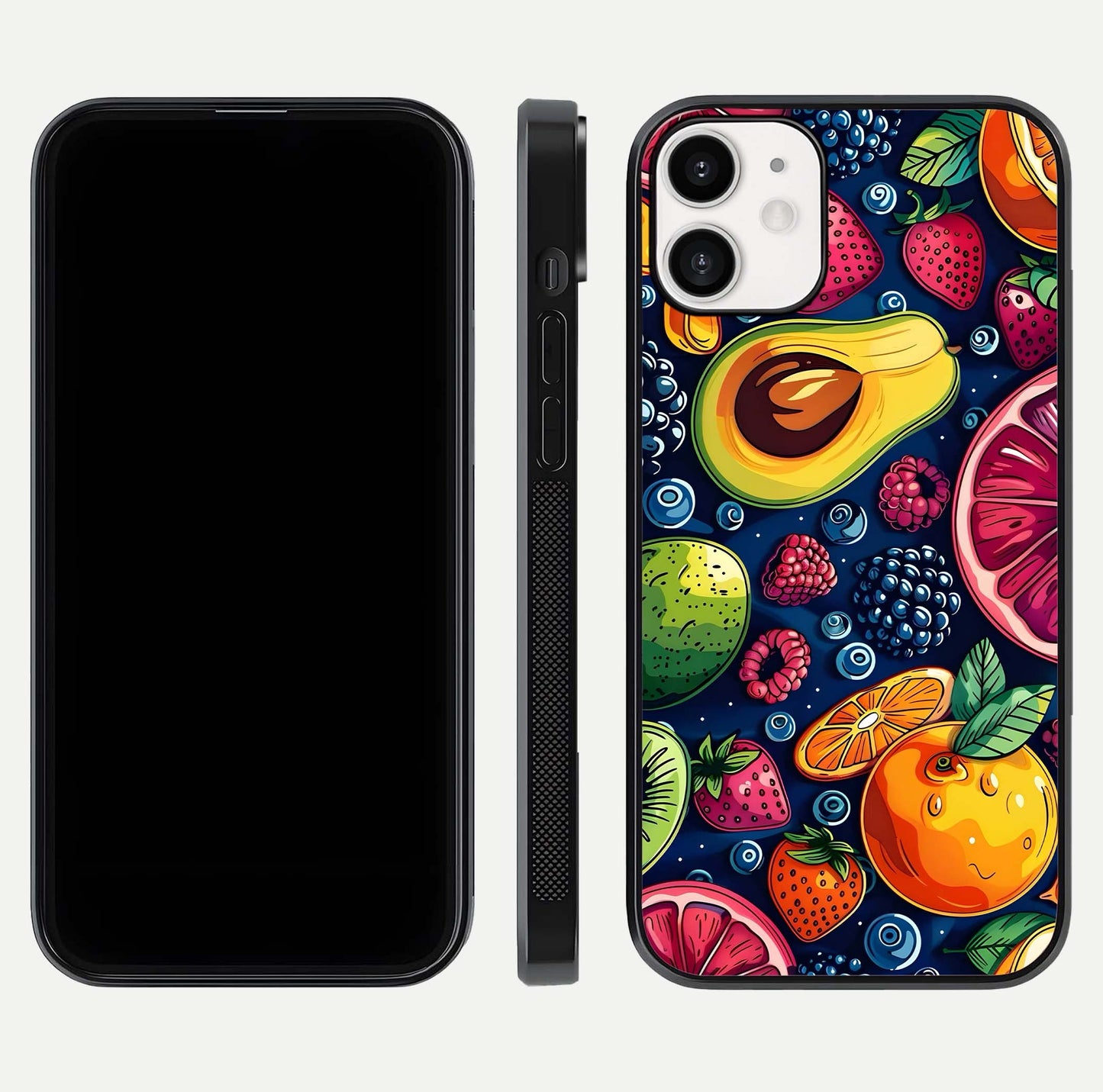 Cute Fruits Art Glass Case for iPhone 12 Mini dual-view layout displaying playful tones and curved design