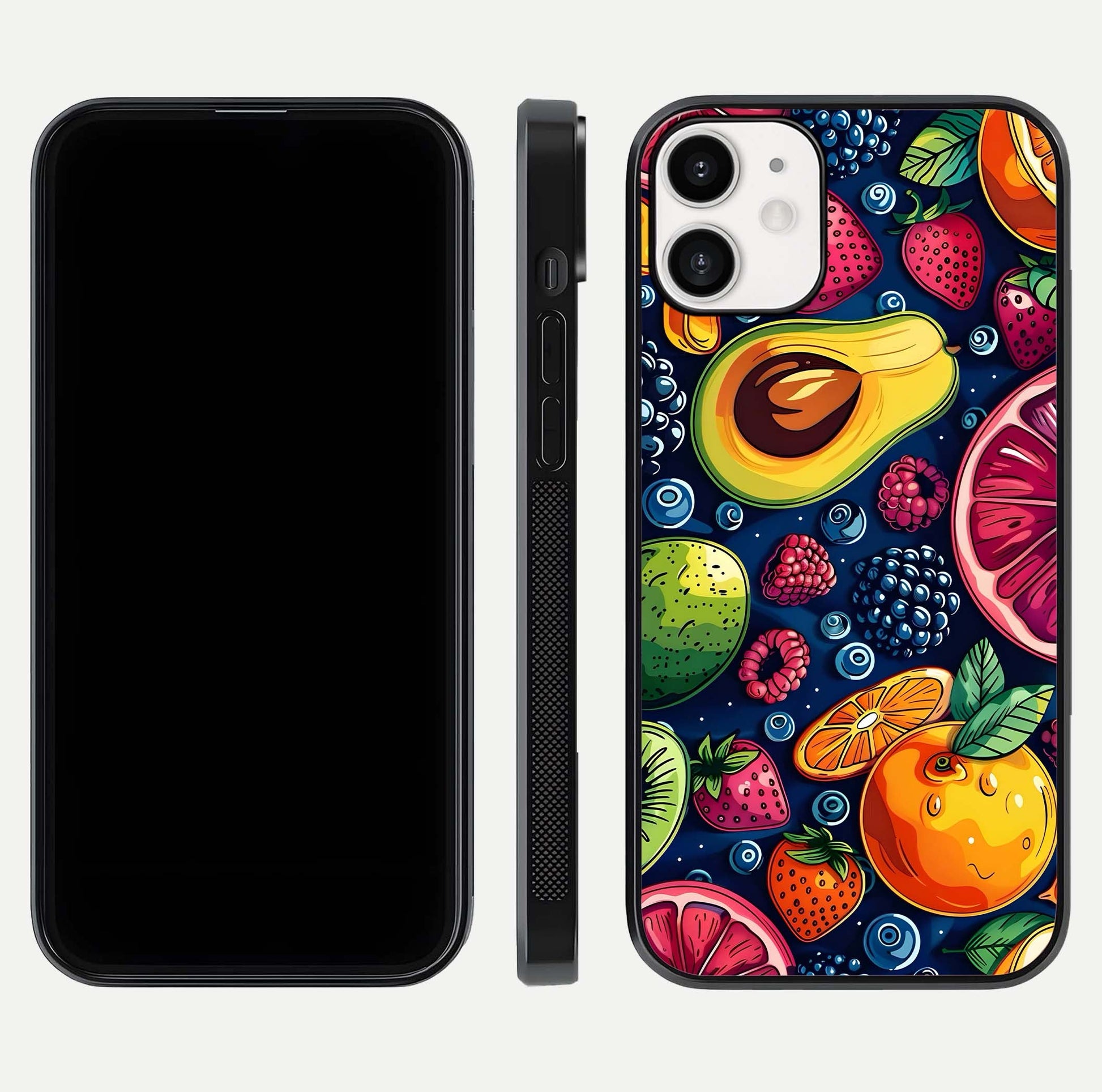 Cute Fruits Art Glass Case for iPhone 12 Mini dual-view layout displaying playful tones and curved design