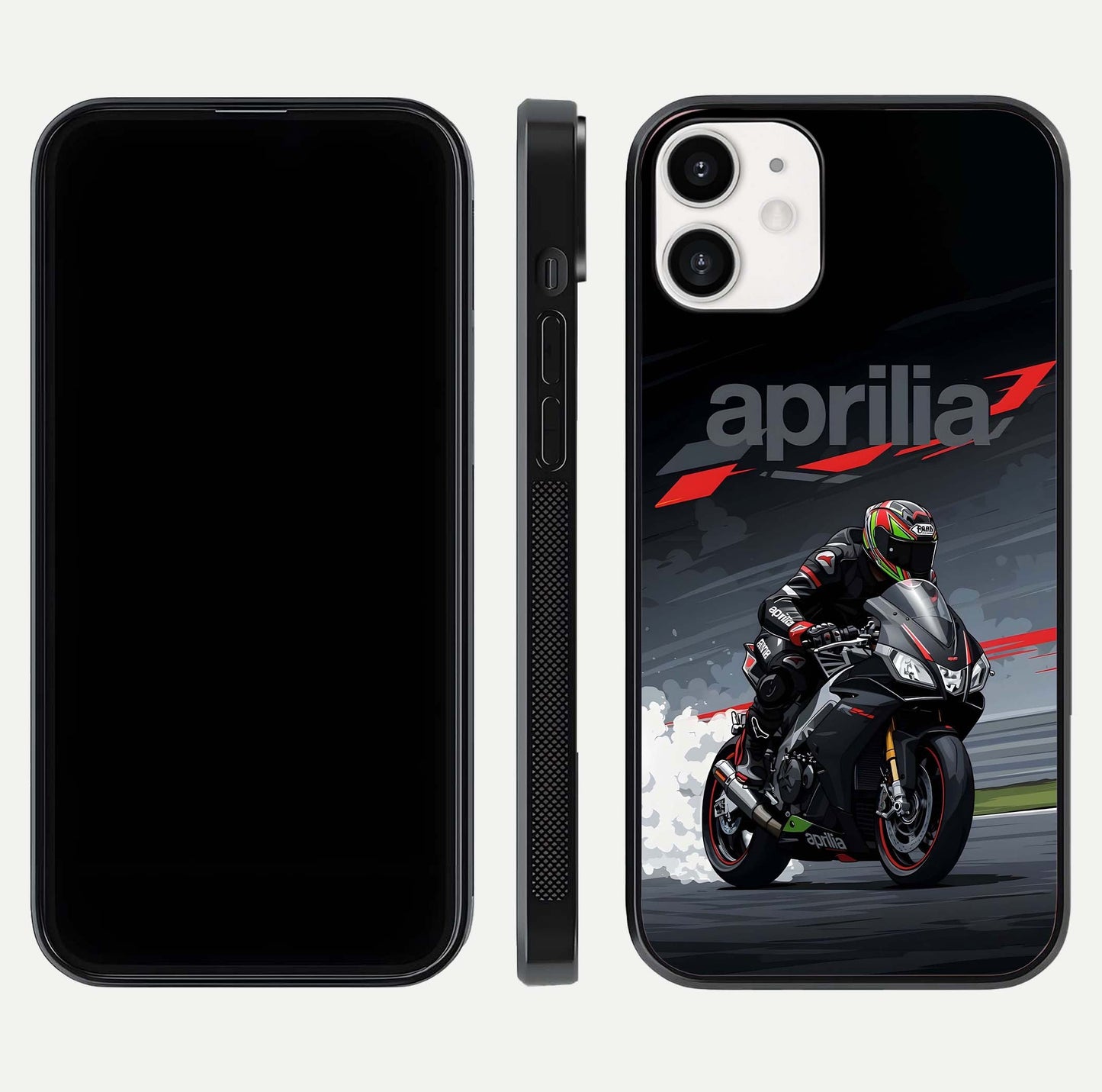 Dark Aprilla Glass Case for iPhone 12 Mini dual-view layout displaying sleek racing look and HD shine