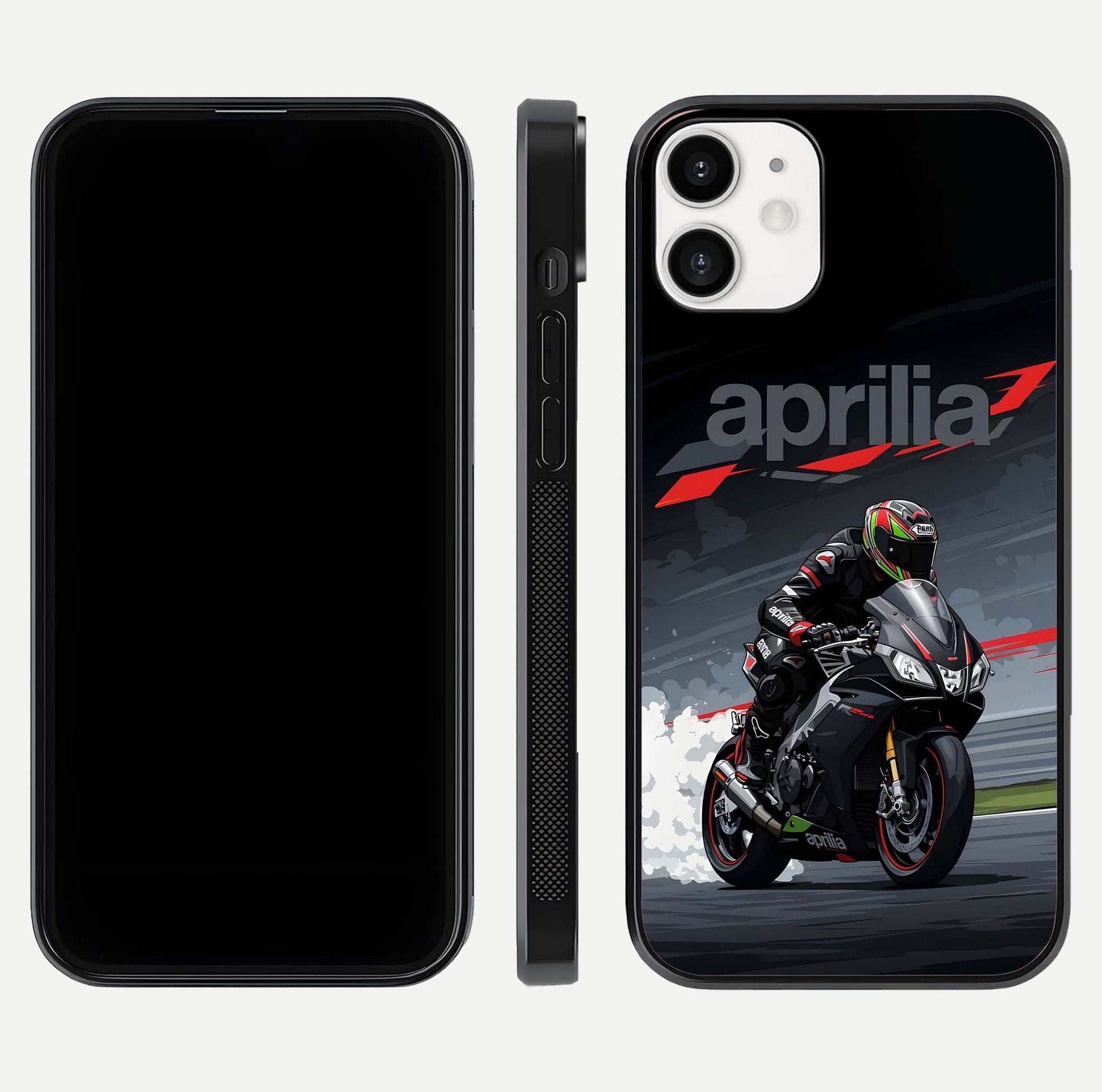 Dark Aprilla Glass Case for iPhone 12 Mini dual-view layout displaying sleek racing look and HD shine