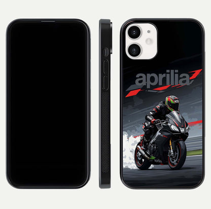 Dark Aprilla Glass Case for iPhone 12 Mini dual-view layout displaying sleek racing look and HD shine