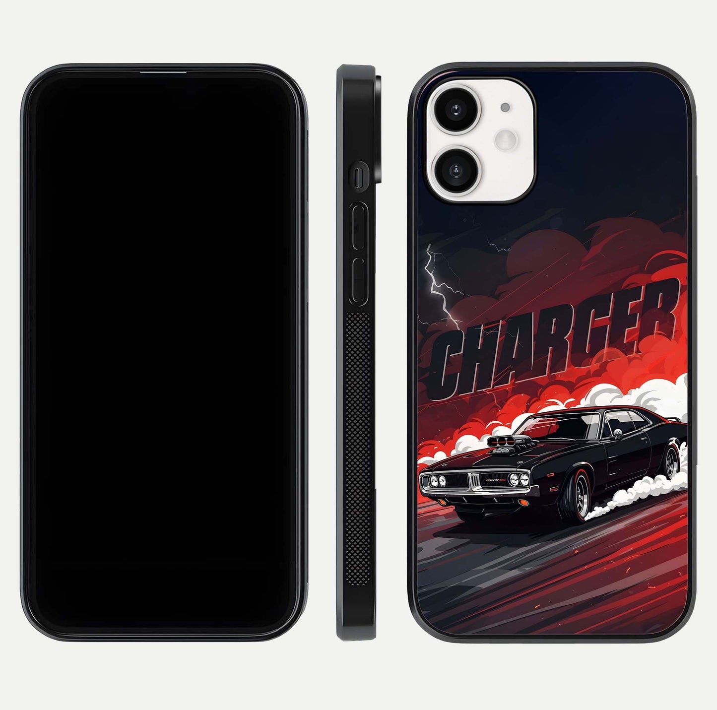 Dark Charger Fury Glass Case for iPhone 12 Mini dual-view layout displaying HD design and polished edges
