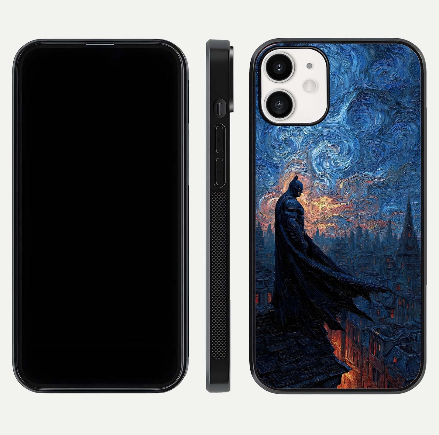 Dark Knight Dusk Glass Case for iPhone 12 Mini dual-view layout displaying HD hero print and curved glass edges