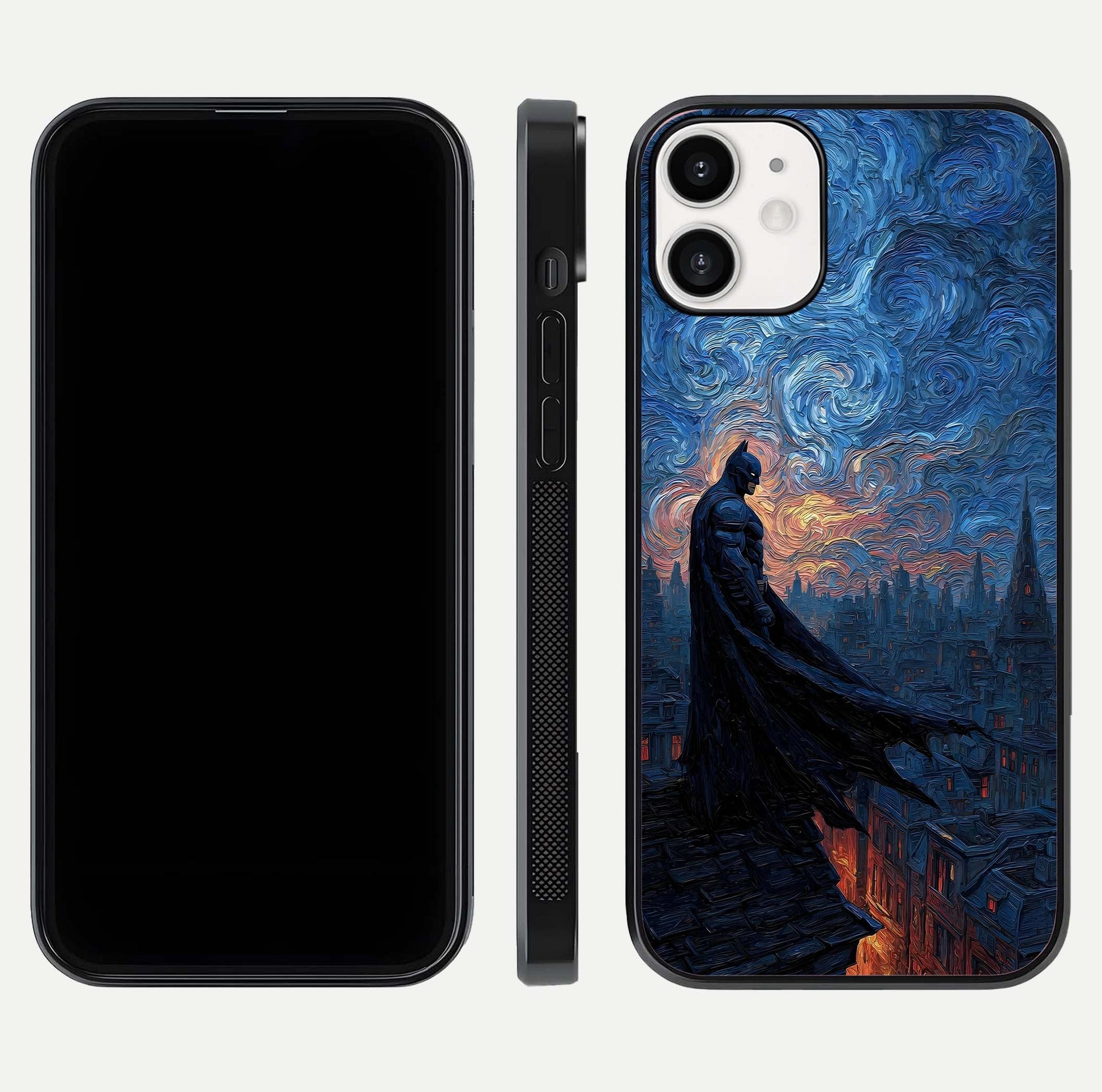 Dark Knight Dusk Glass Case for iPhone 12 Mini dual-view layout displaying HD hero print and curved glass edges