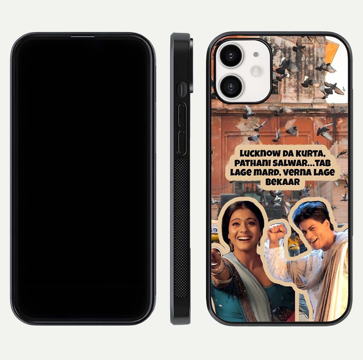 Desi Retro Vibes Glass Case for iPhone 12 Mini dual-view layout showing nostalgic design and smooth glass curve