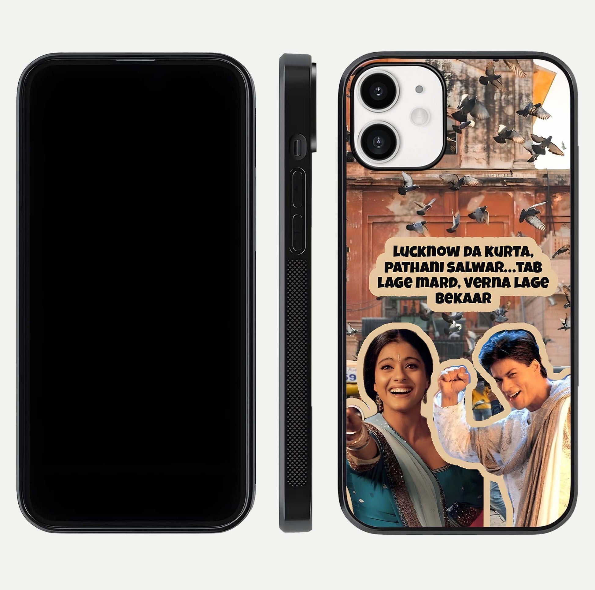 Desi Retro Vibes Glass Case for iPhone 12 Mini dual-view layout showing nostalgic design and smooth glass curve