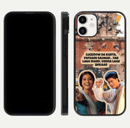 Desi Retro Vibes Glass Case for iPhone 12 Mini dual-view layout showing nostalgic design and smooth glass curve