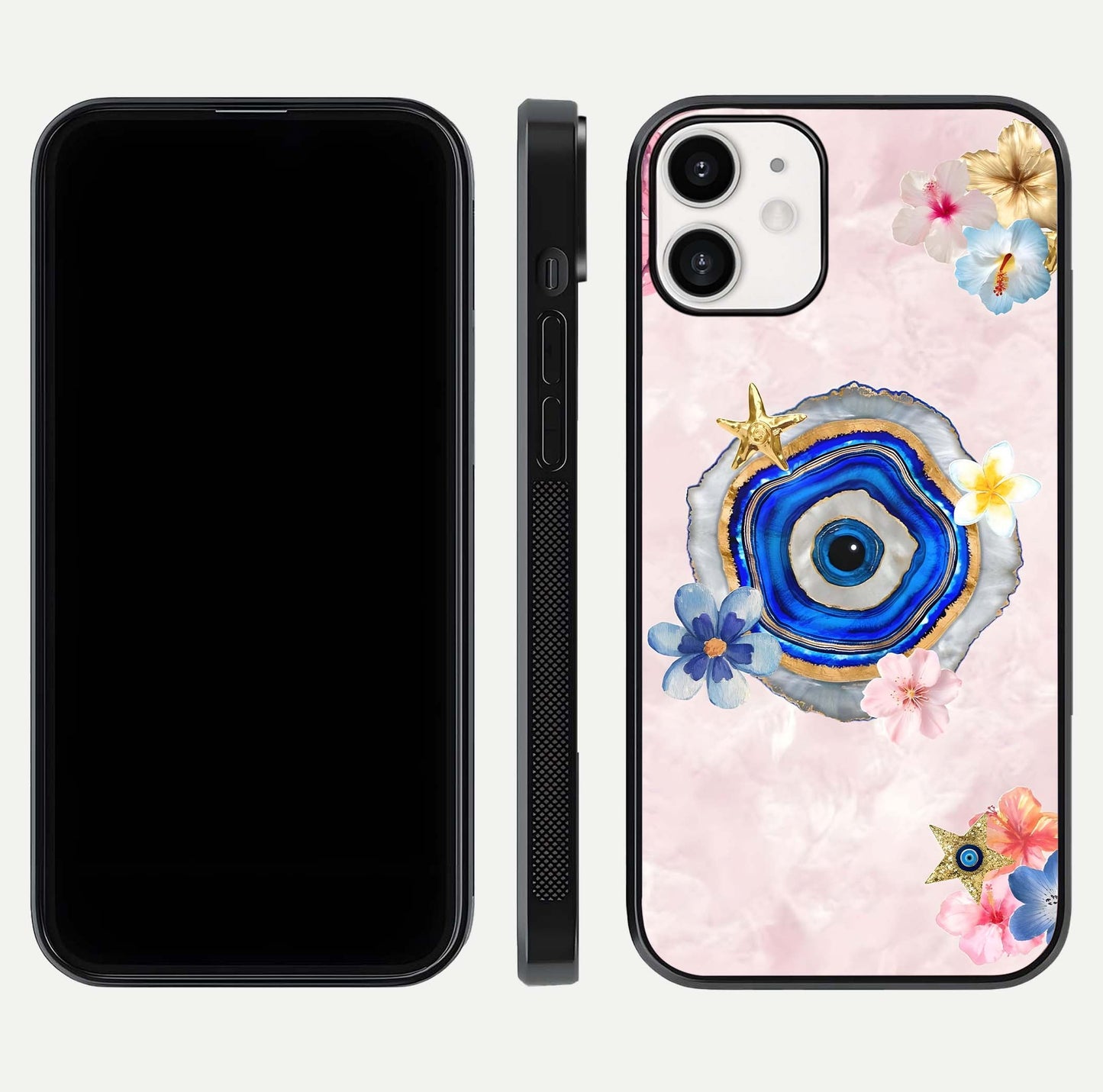 Divine Aura Bloom Glass Case for iPhone 12 Mini dual-view layout displaying divine color tones and smooth edges