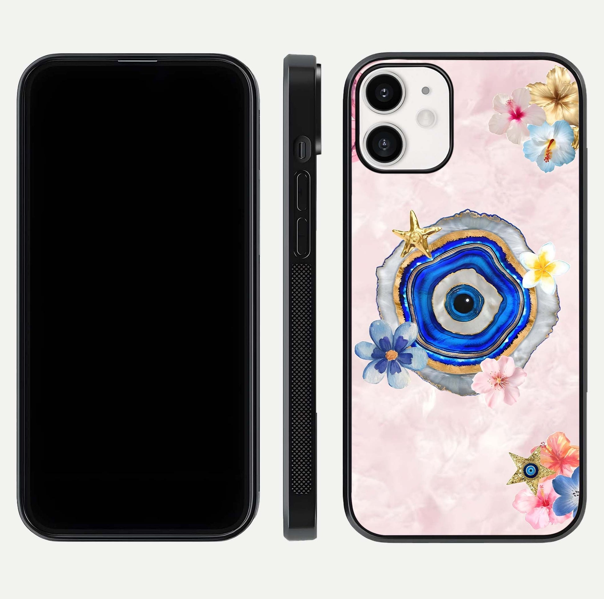 Divine Aura Bloom Glass Case for iPhone 12 Mini dual-view layout displaying divine color tones and smooth edges