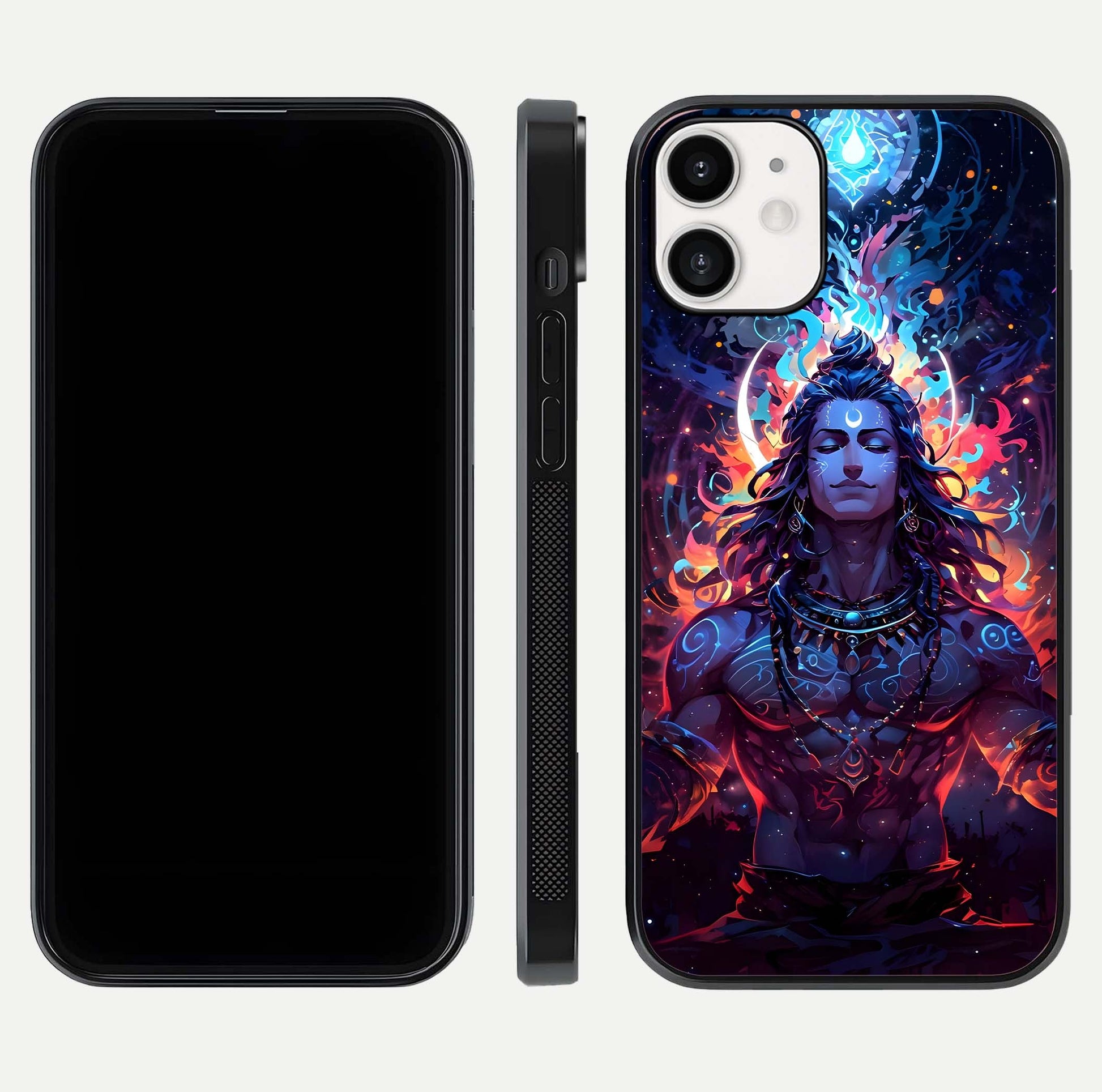 Divine Fire Shiv Glass Case for iPhone 12 Mini dual-view layout displaying HD deity print and curved edges