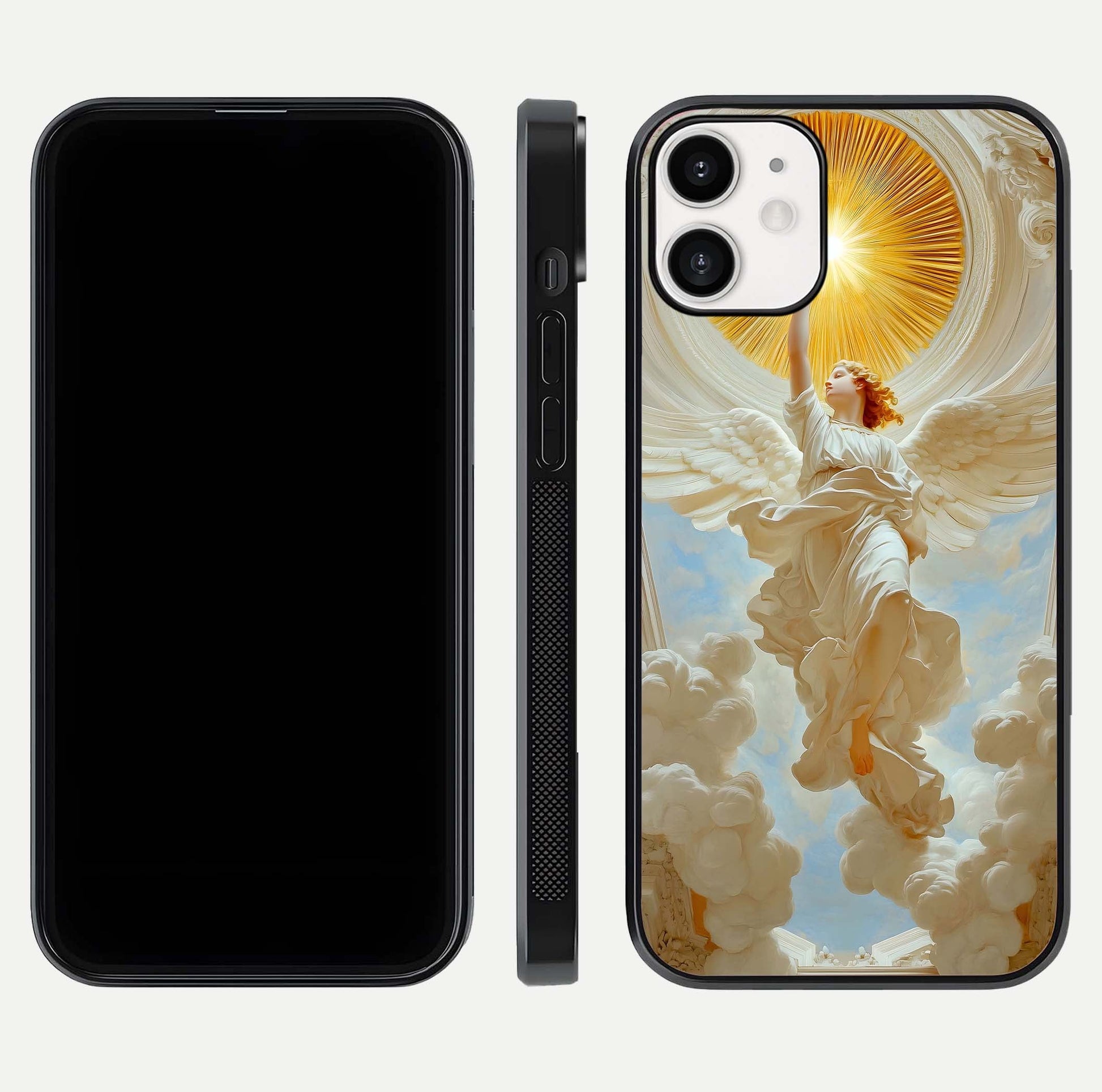 Divine Light Angel Glass Case for iPhone 12 Mini dual-view layout displaying celestial tones and smooth curves