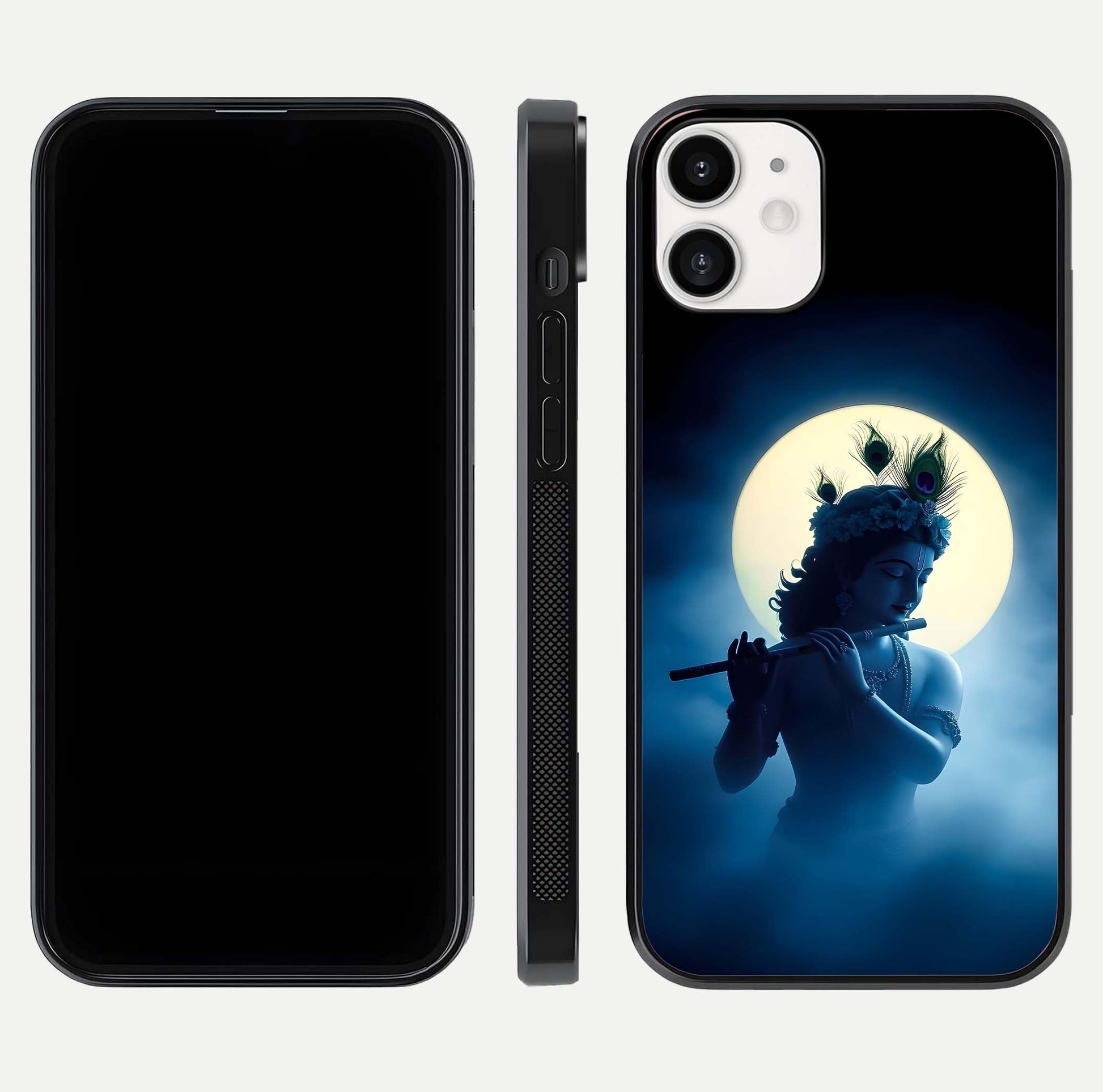 Divine Moon Flute Glass Case for iPhone 12 Mini dual-view layout displaying soft night tones and curved polish