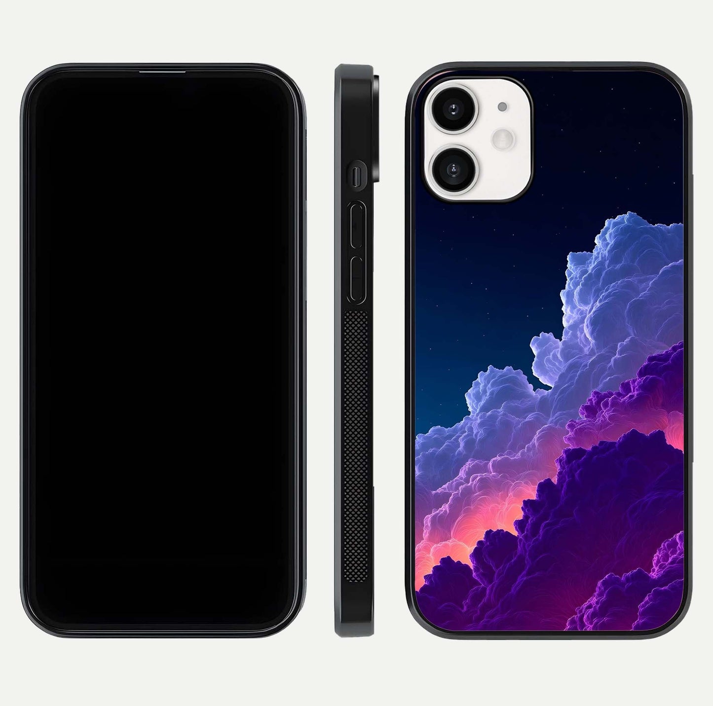 Dreamy Cloud Skies Glass Case for iPhone 12 Mini dual-view layout displaying calm sky art and smooth curve