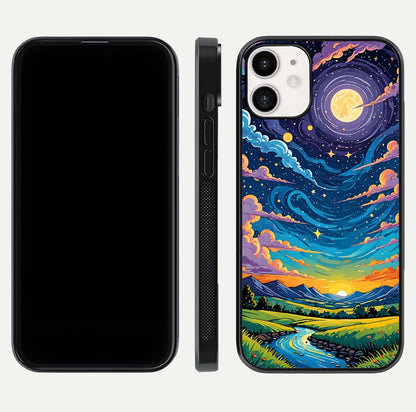 Dreamy Night Landscape Glass Case for iPhone 12 Mini dual-view layout displaying HD print and curved glass edges