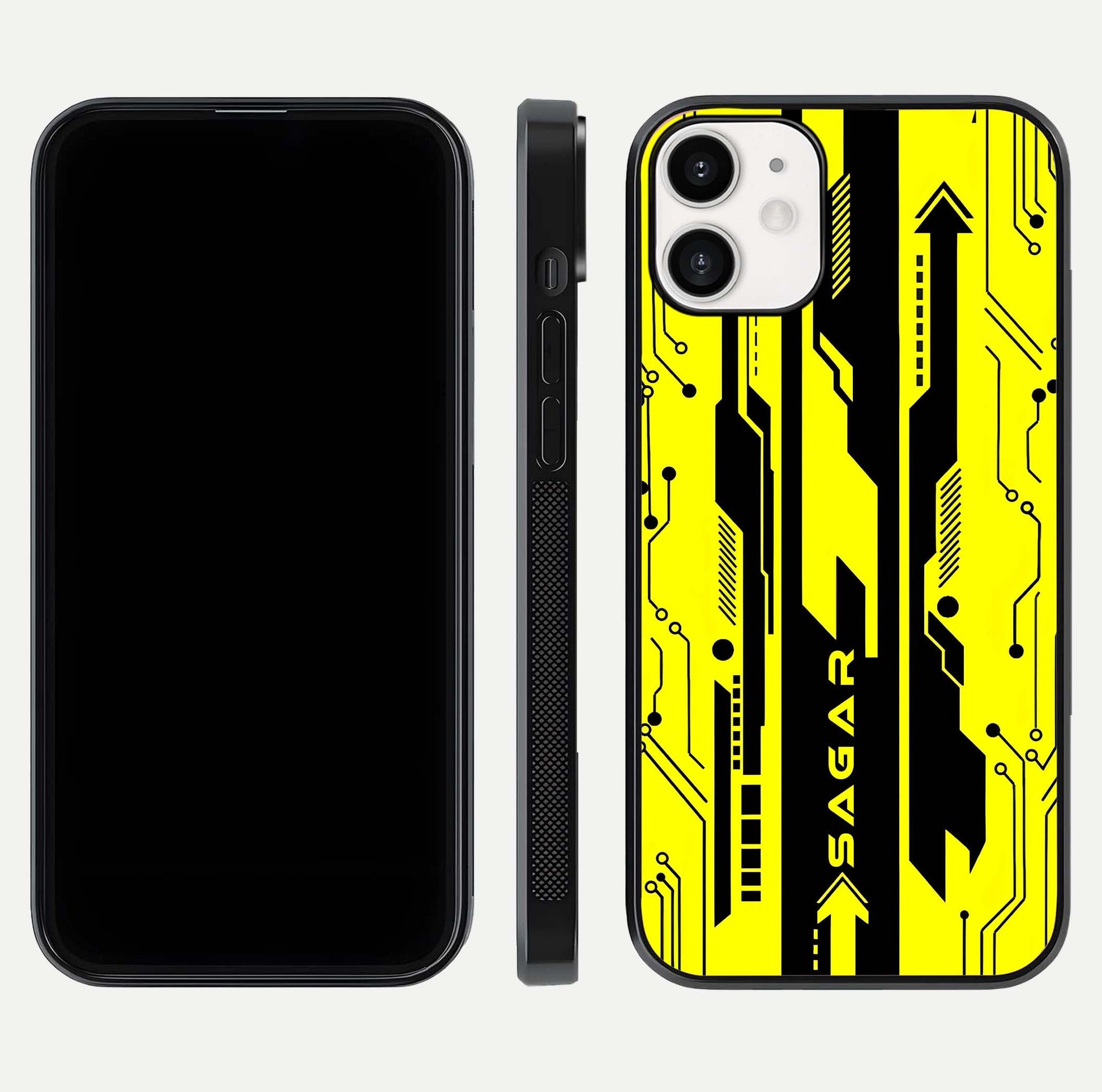 Electric Pulse CYBERPUNK Custom Name Glass Case for iPhone 12 Mini dual-view layout displaying futuristic hues and curved glass edges