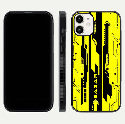 Electric Pulse CYBERPUNK Custom Name Glass Case for iPhone 12 Mini dual-view layout displaying futuristic hues and curved glass edges
