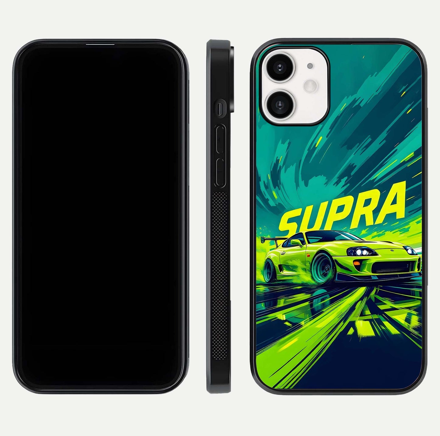 Electric Supra Thunder Glass Case for iPhone 12 Mini dual-view layout displaying dynamic motion art and curved finish