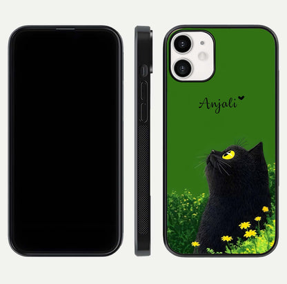Emerald Cat Custom Name Glass Case for iPhone 12 Mini dual-view layout displaying artistic tones and smooth curves