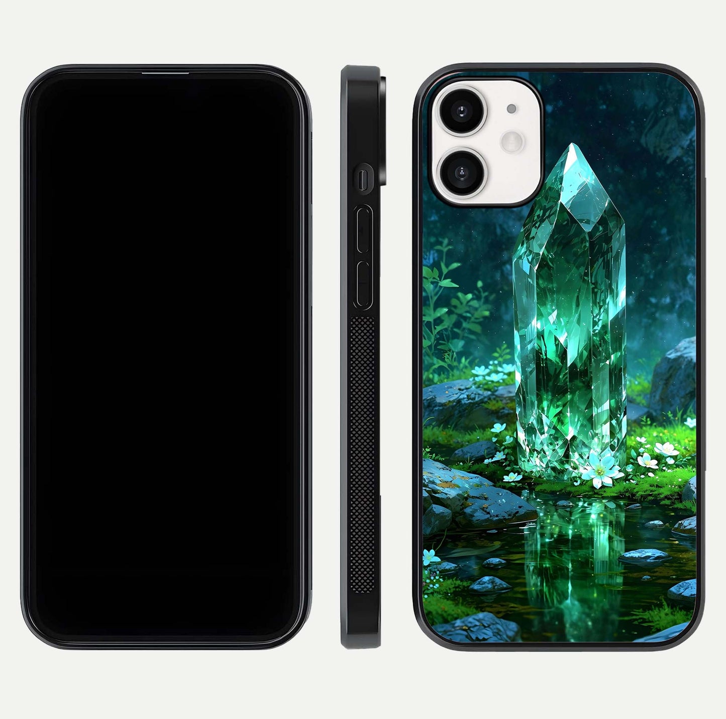 Emerald Light Crystal Glass Case for iPhone 12 Mini dual-view layout displaying gem-like tones and polished edge