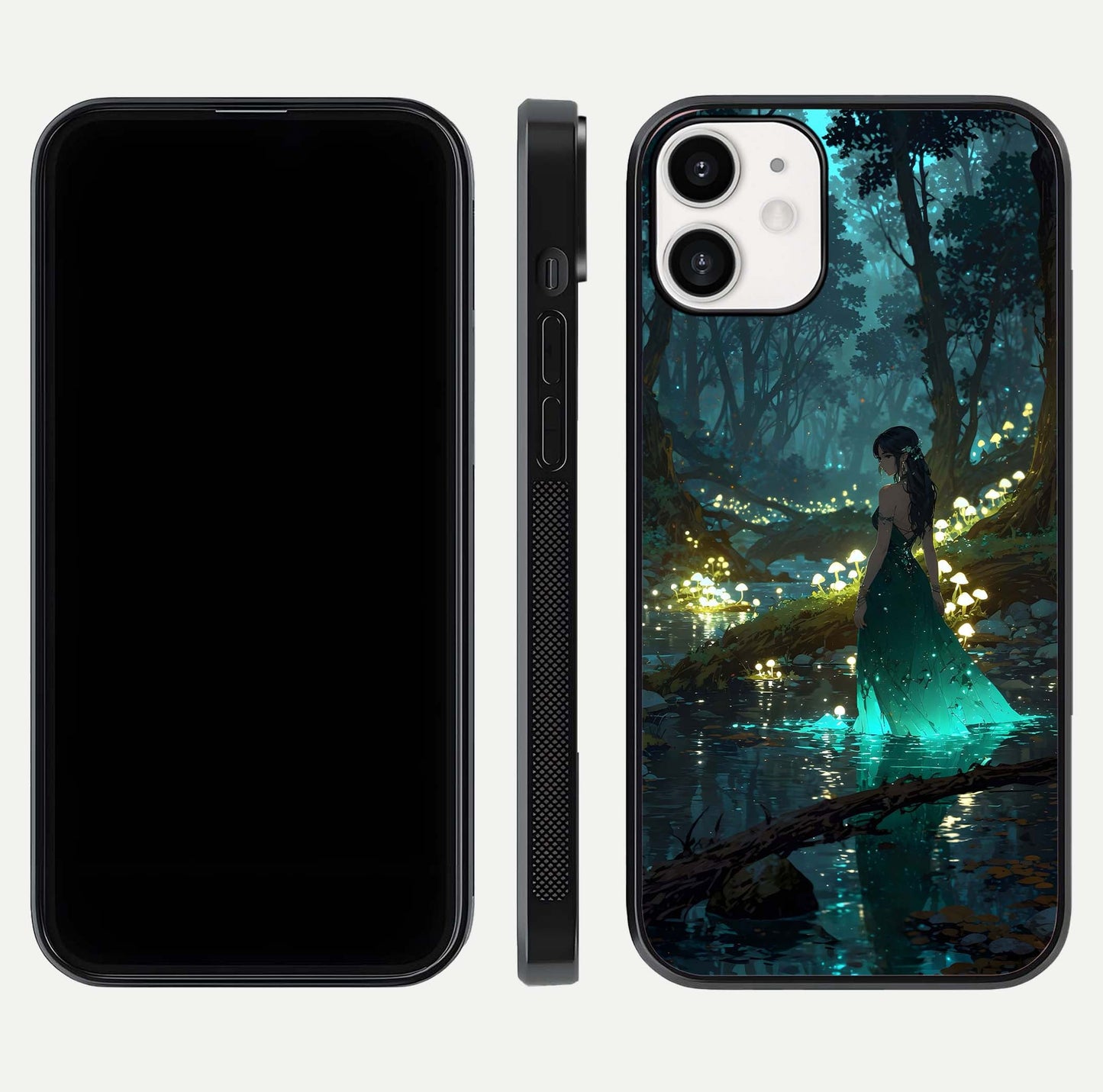 Enchanted Forest Glow Glass Case for iPhone 12 Mini dual-view layout displaying green tones and smooth glass