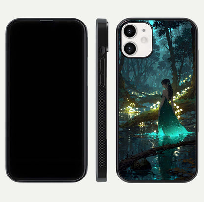 Enchanted Forest Glow Glass Case for iPhone 12 Mini dual-view layout displaying green tones and smooth glass