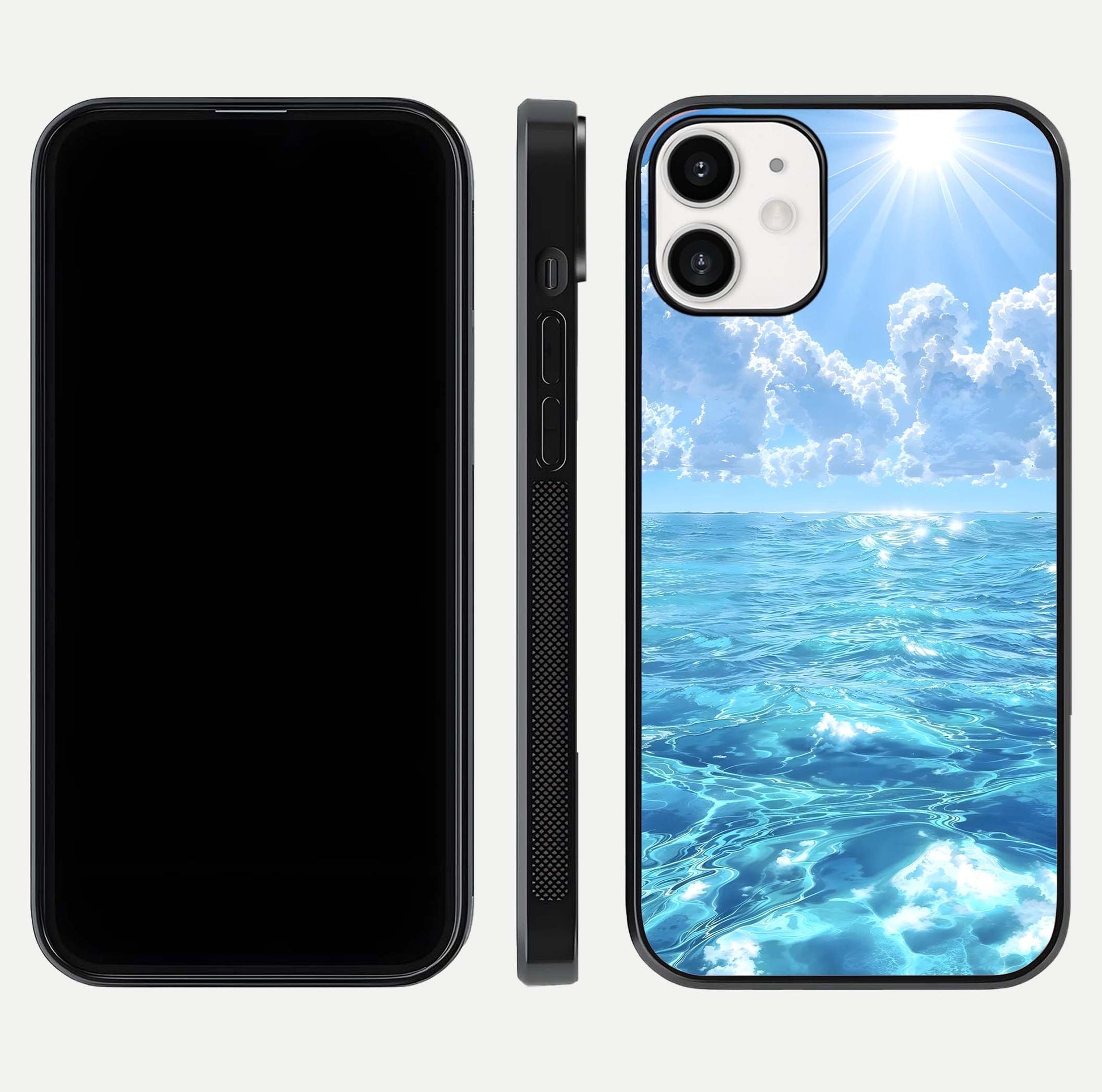 Endless Ocean Horizon Glass Case for iPhone 12 Mini dual-view layout displaying calm seascape and curved edges