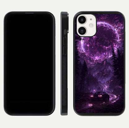 Eternal Cosmic Drive Glass Case for iPhone 12 Mini dual-view layout displaying outer-space tones and curved finish