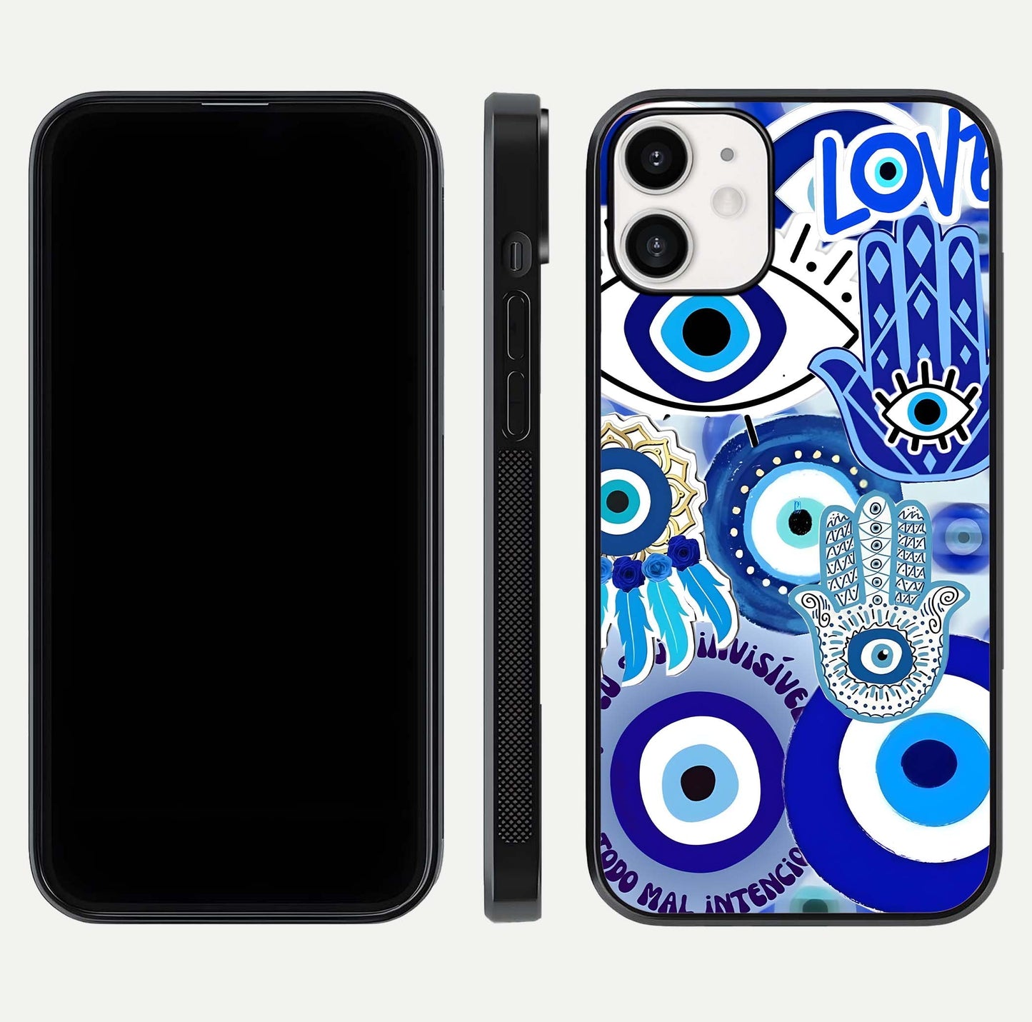 Evil Eyes Dream Glass Case for iPhone 12 Mini dual-view layout displaying spiritual motif and polished curved edge