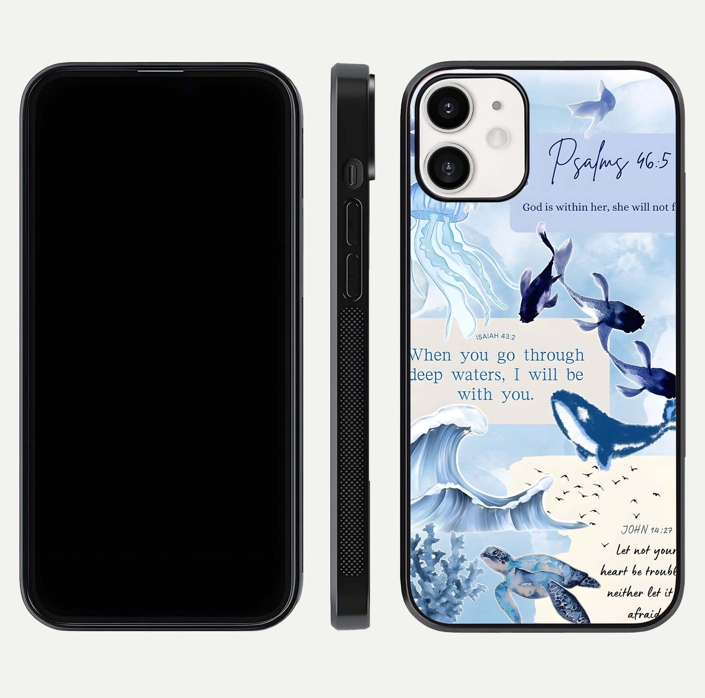 Faithful Ocean Promise Glass Case for iPhone 12 Mini dual-view layout showing sea horizon art and curved polish