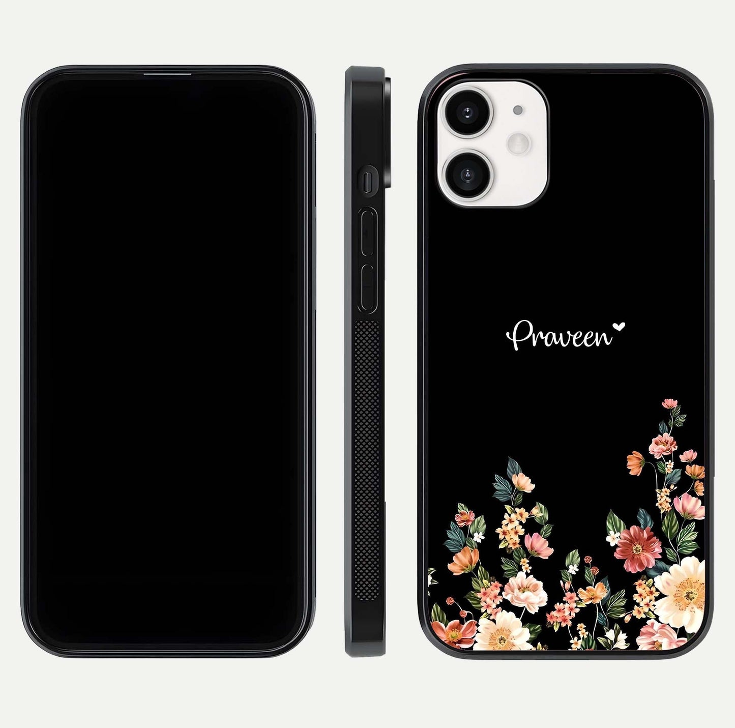 Floral Design Personalized Custom Name Glass Case for iPhone 12 Mini dual-view layout displaying artistic tones and curved finish