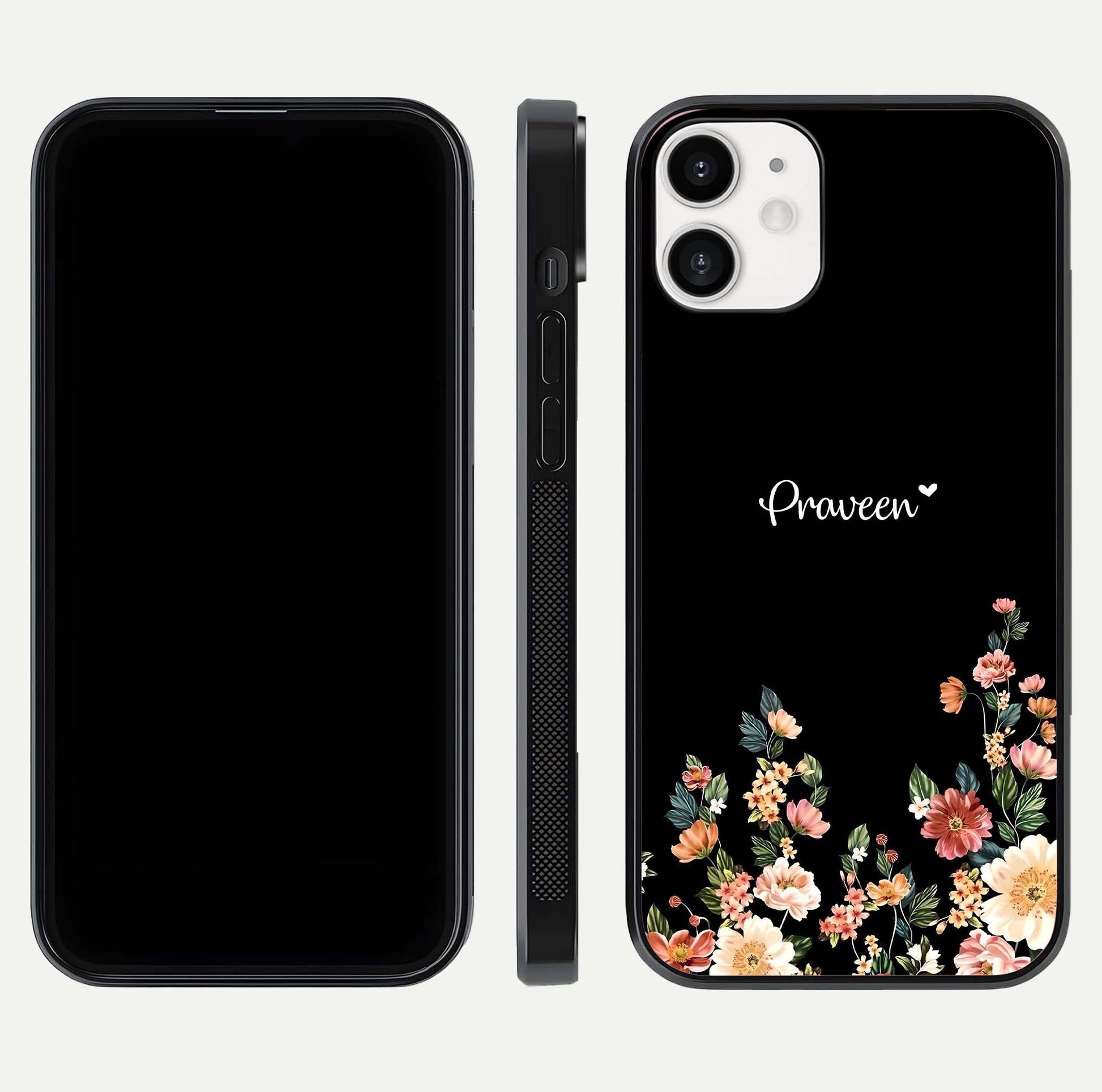 Floral Design Personalized Custom Name Glass Case for iPhone 12 Mini dual-view layout displaying artistic tones and curved finish