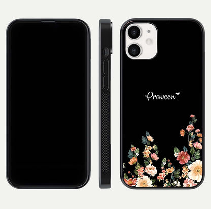 Floral Design Personalized Custom Name Glass Case for iPhone 12 Mini dual-view layout displaying artistic tones and curved finish