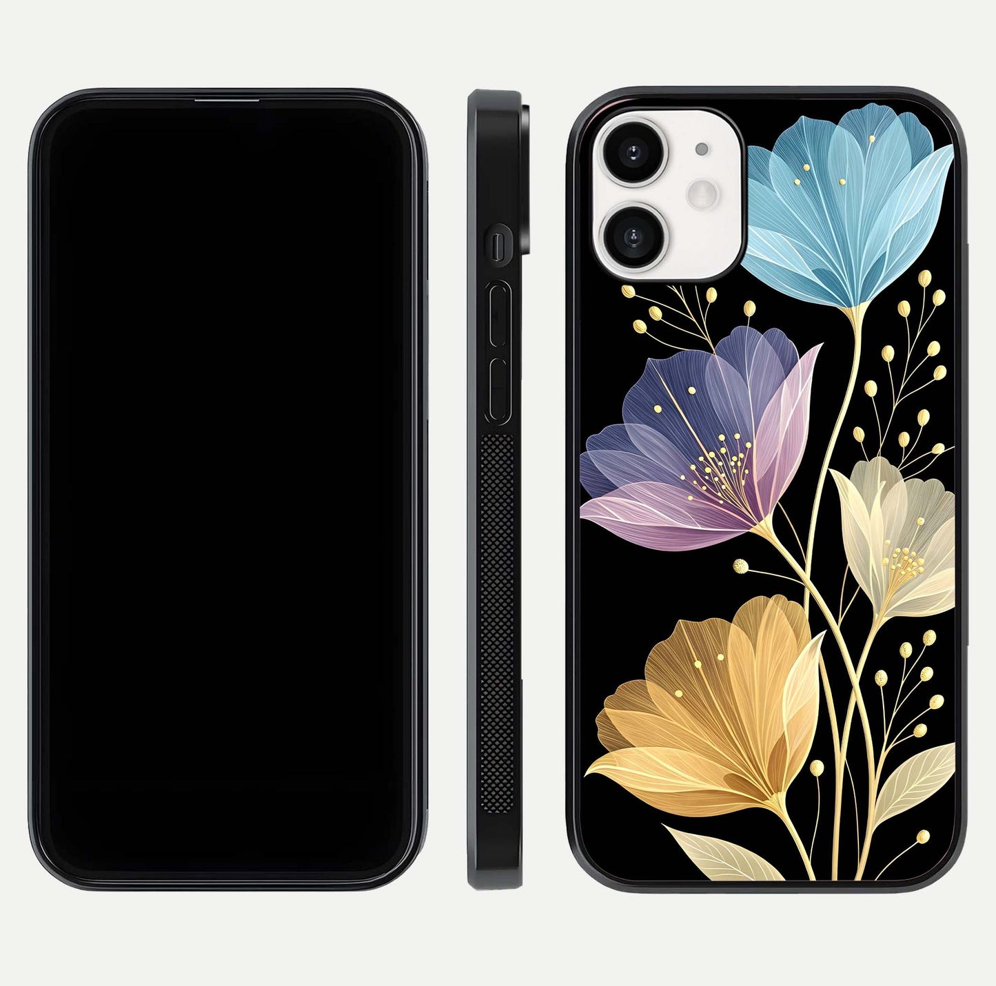 Flower Bloom Glow Glass Case for iPhone 12 Mini dual-view layout displaying petal tones and curved glass edge