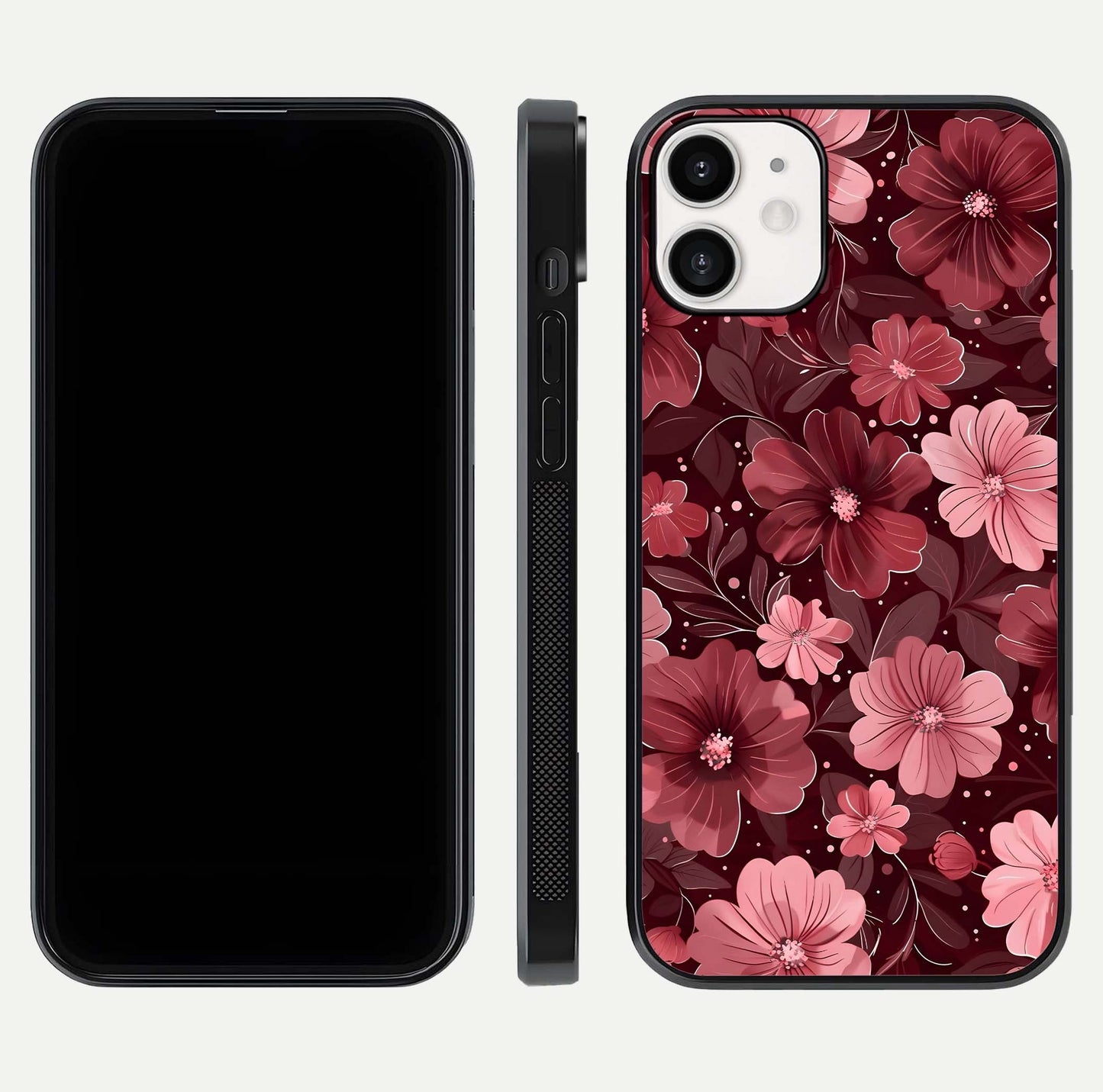 Flower Blush Bloom Glass Case for iPhone 12 Mini dual-view layout displaying HD print and smooth curves